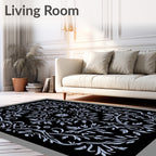 Ornate Black And White Floral Scroll Rug