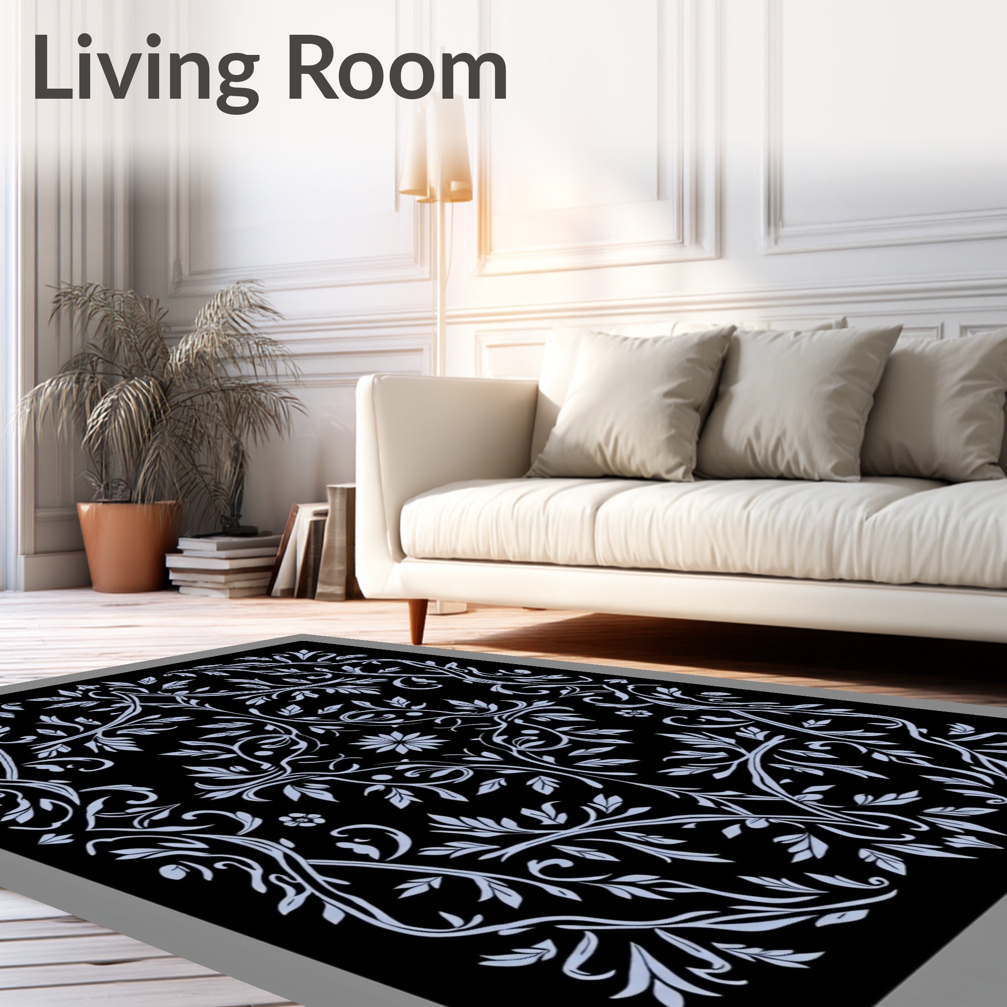 Ornate Black And White Floral Scroll Rug