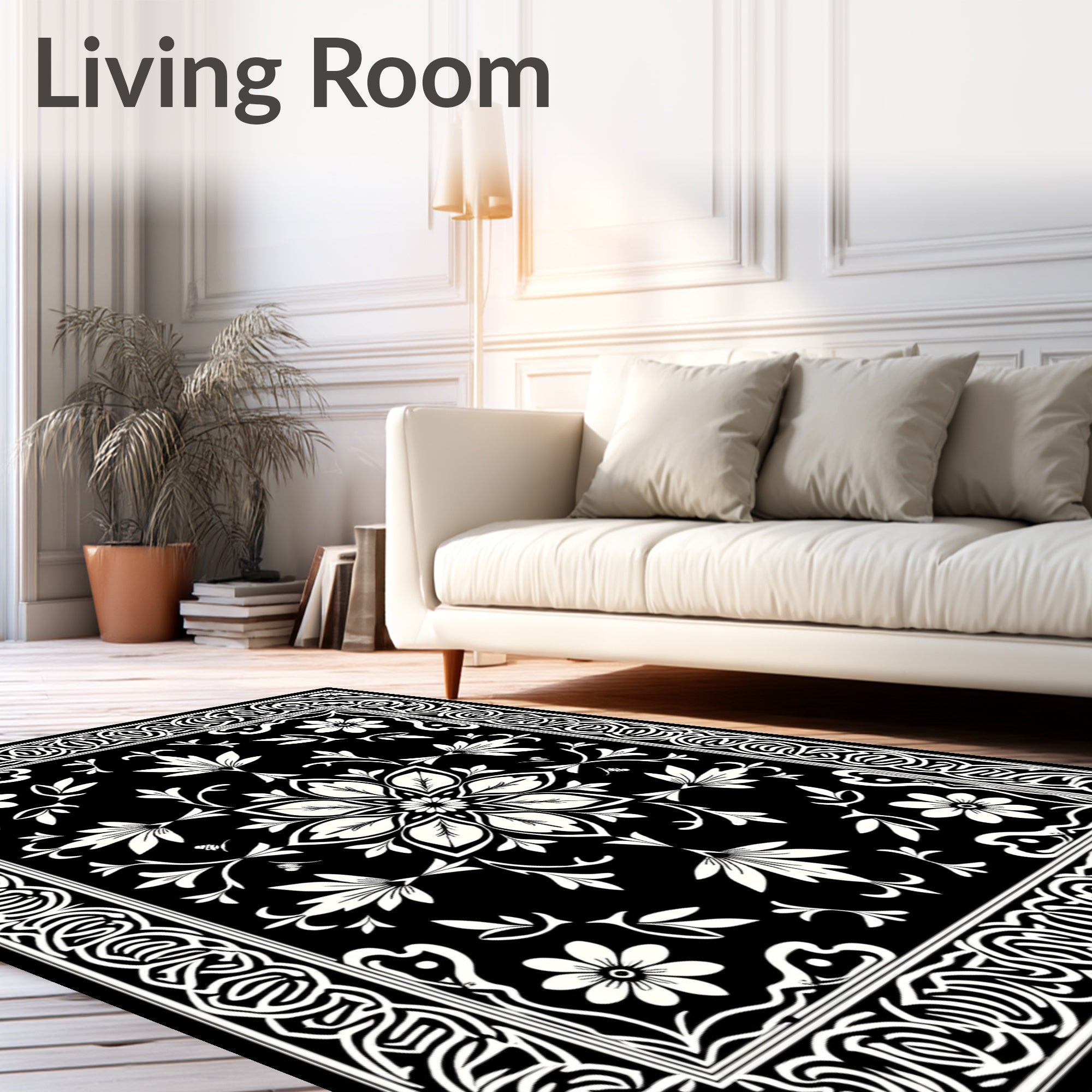 Black White Floral Medallion Tapestry Design Rug