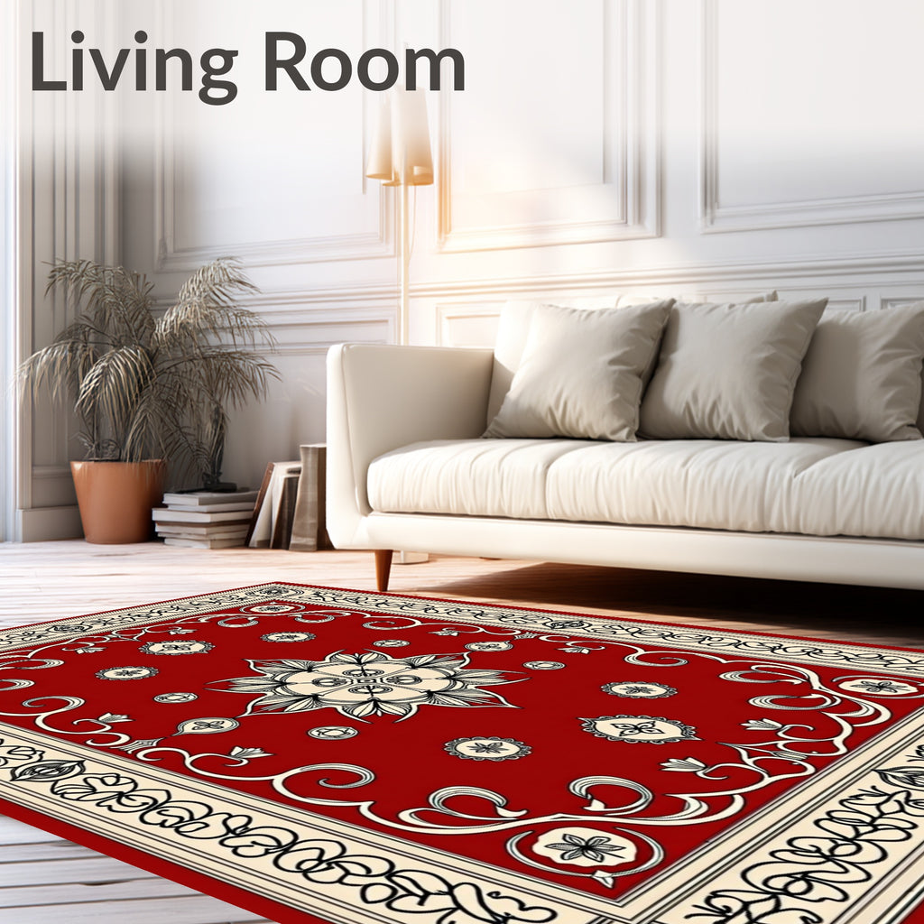 Red Floral Scrollwork Intricate Design Rug