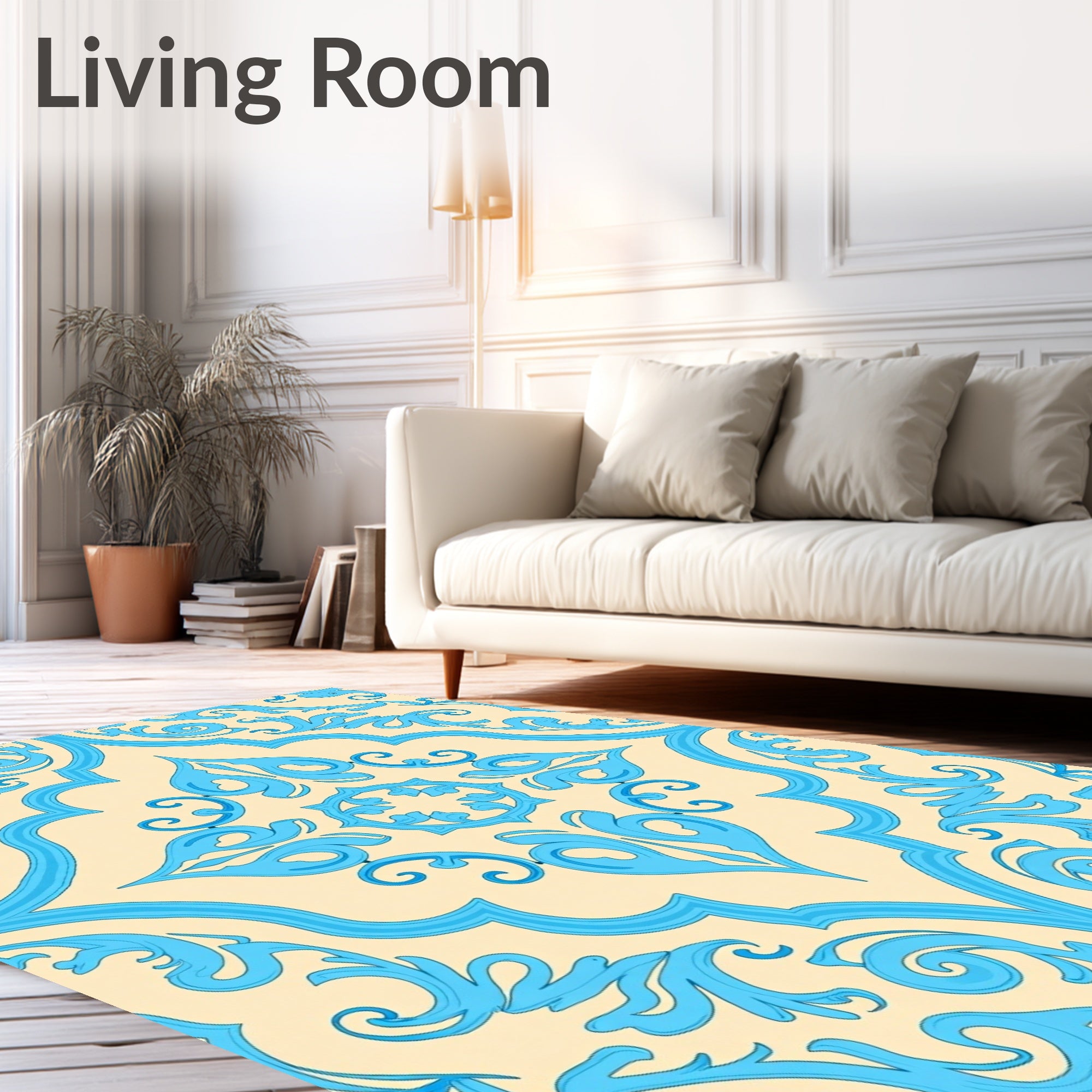 Azure Swirls Floral Pattern Rug