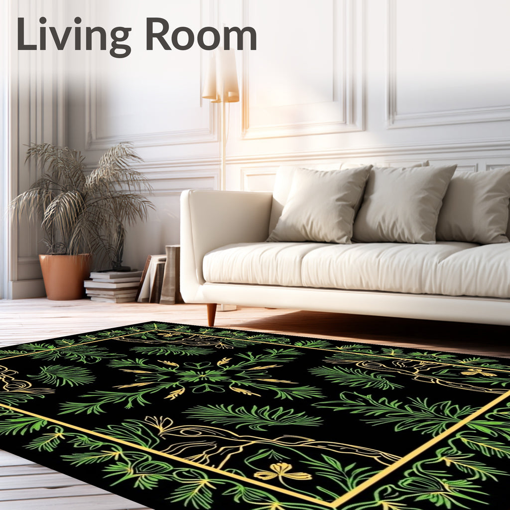 Green Leafy Border With Central Floral Design Rug