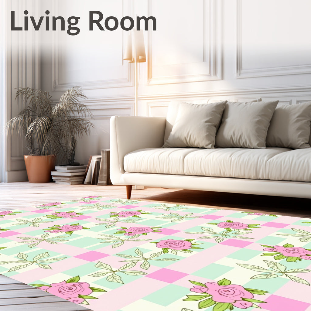 Pink Roses Botanical Checkered Design Rug