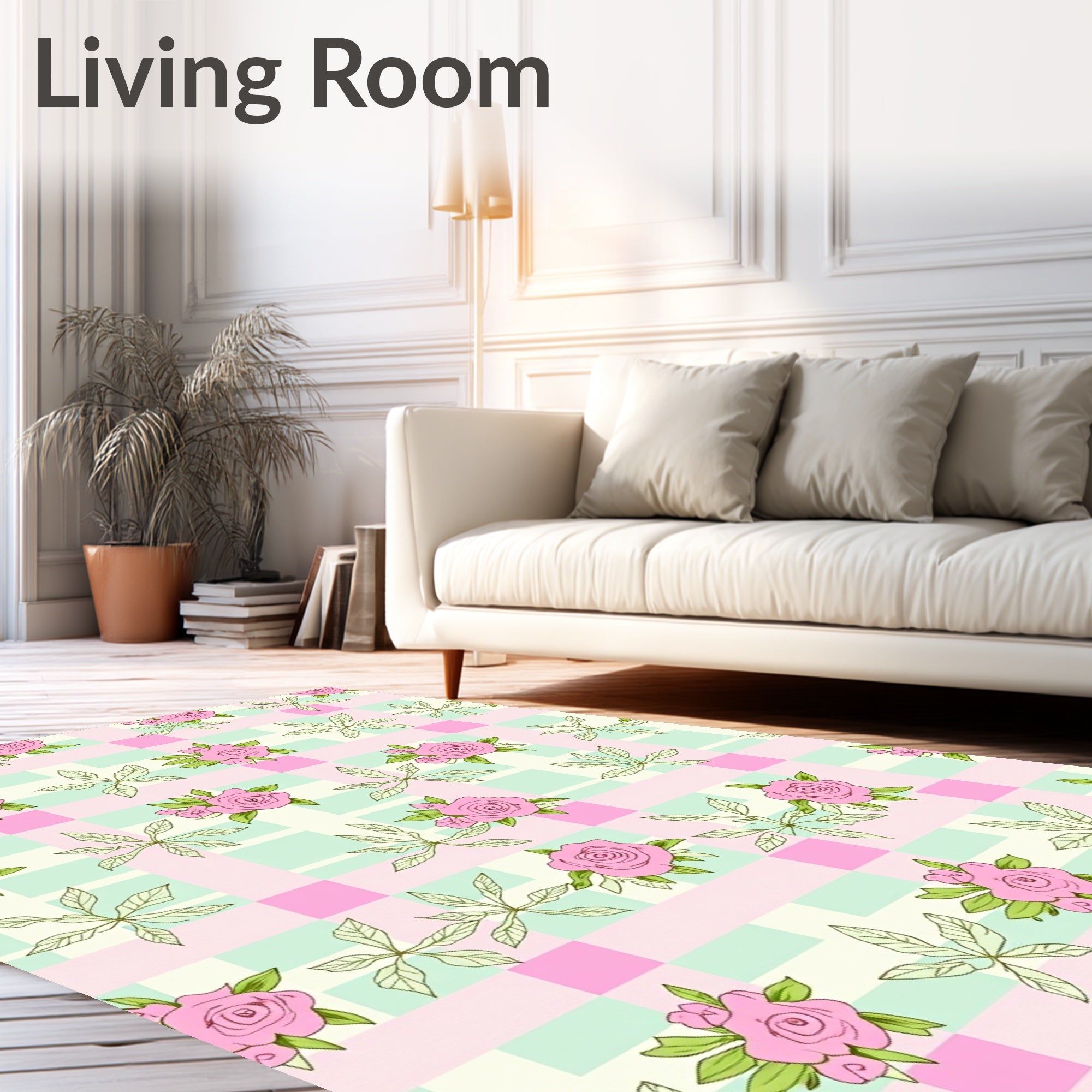 Pink Roses Botanical Checkered Design Rug