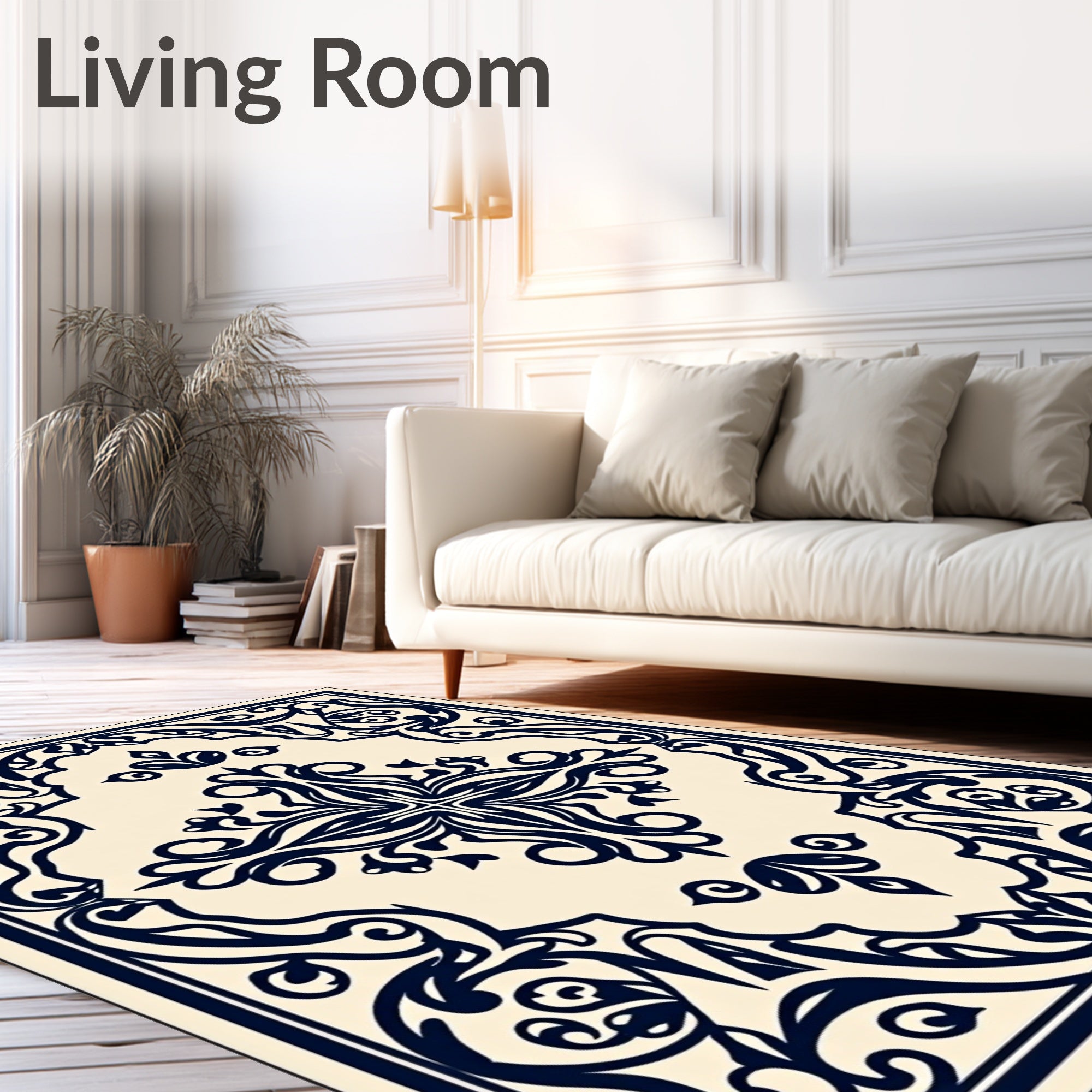 Classic Navy Floral Scrollwork Rug