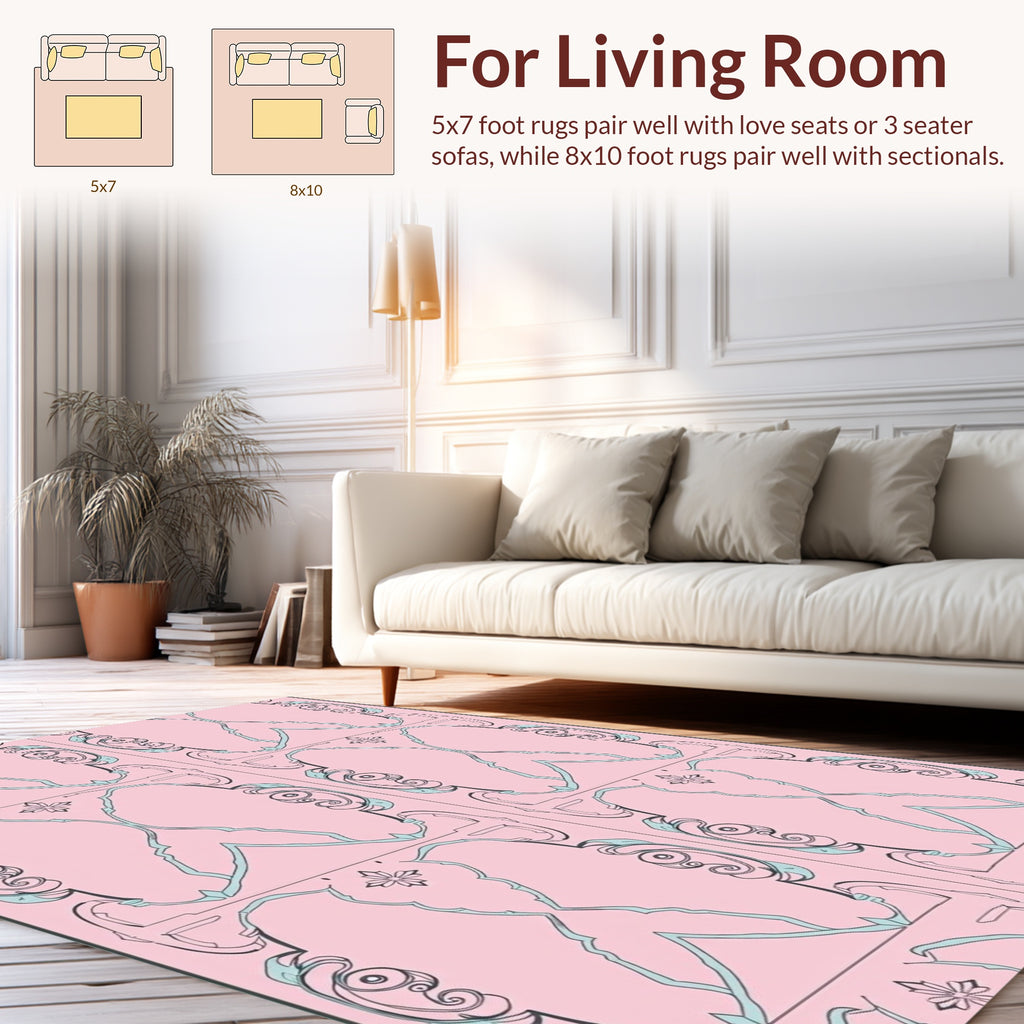 Ornate Pink Blue Pastel Scrollwork Rug