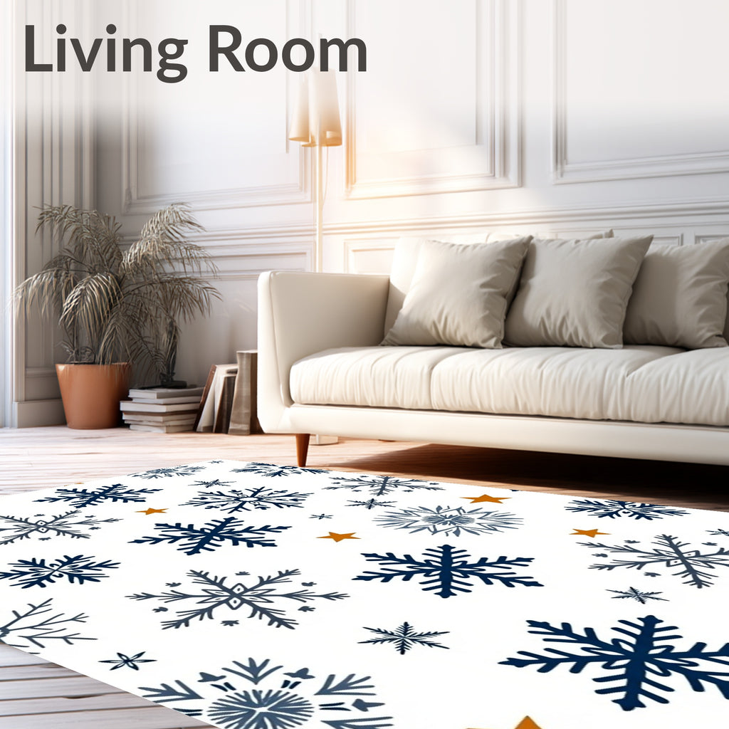Navy Blue Snowflakes Golden Stars Rug