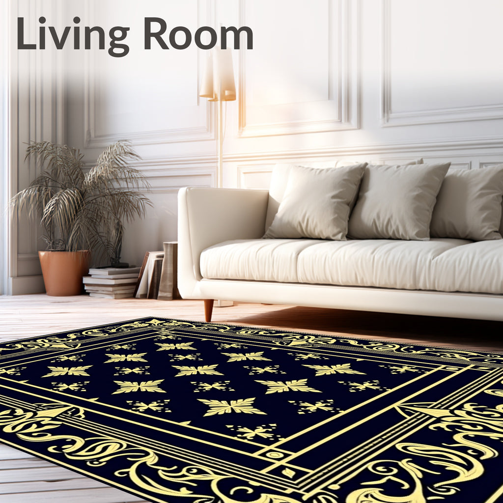 Navy Gold Floral Ornate Border Rug