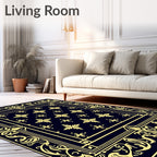 Navy Gold Floral Ornate Border Rug