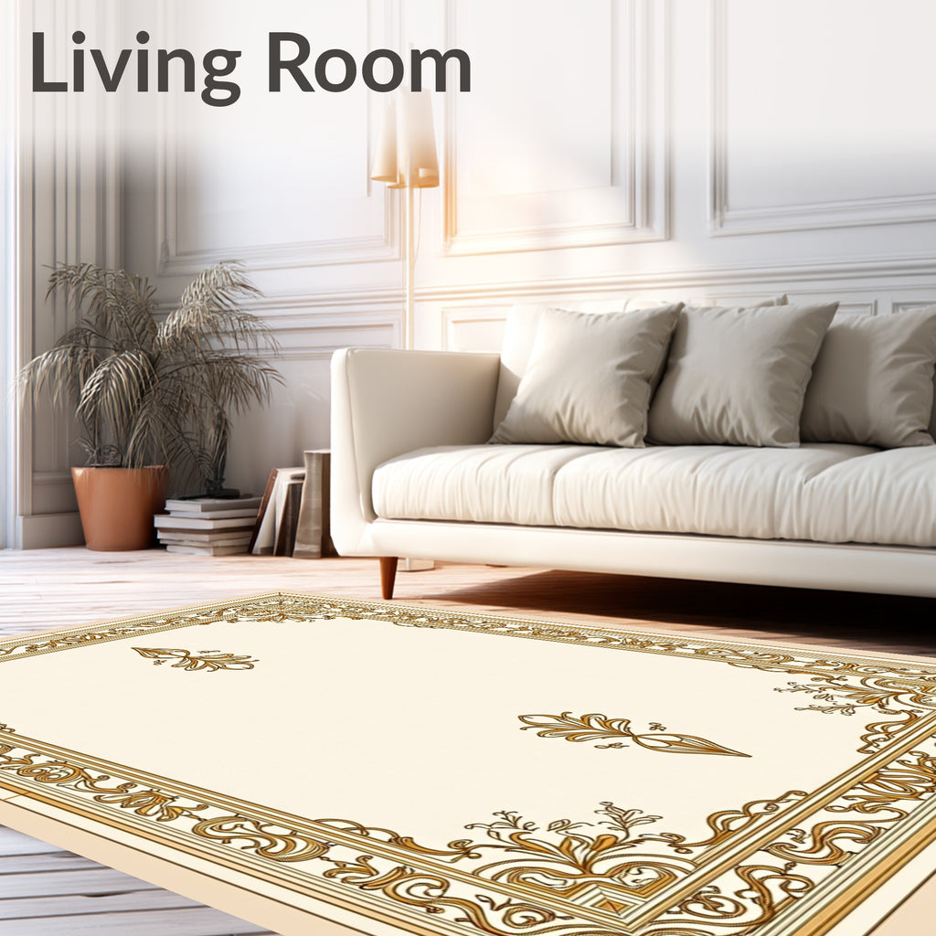 Ornate Scrollwork Cream Gold Frame Rug