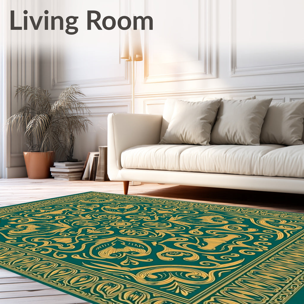 Emerald Gold Ornate Floral Scroll Rug