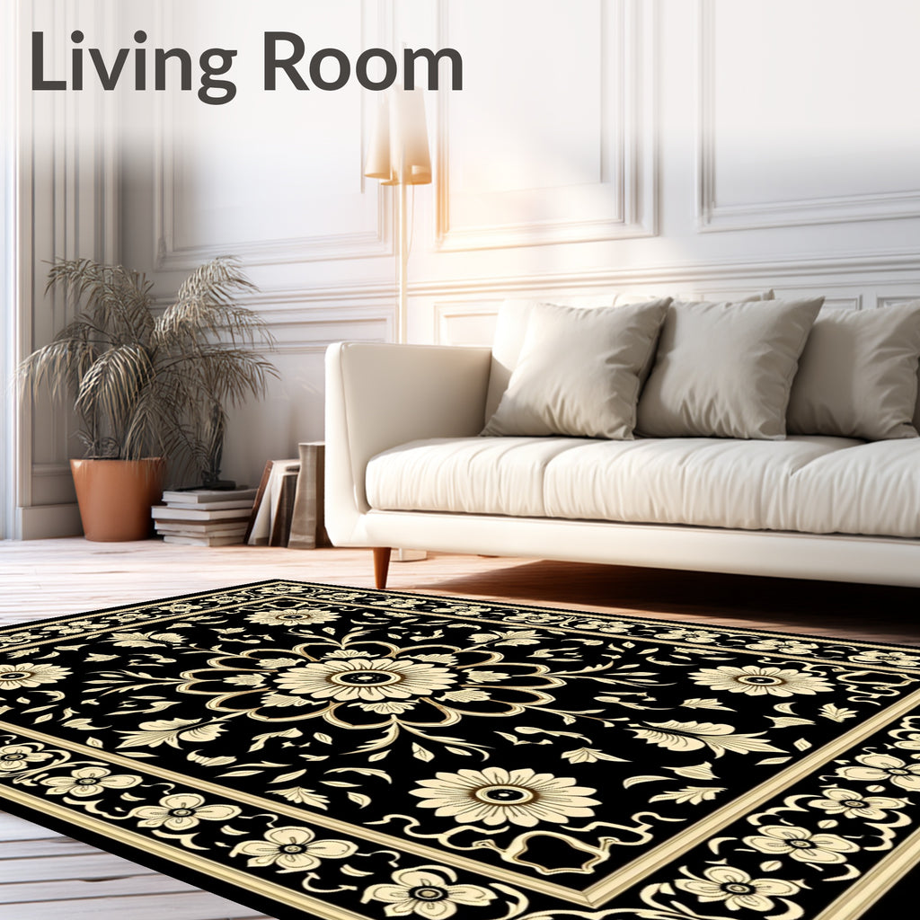 Ornate Floral Black Cream Pattern Rug