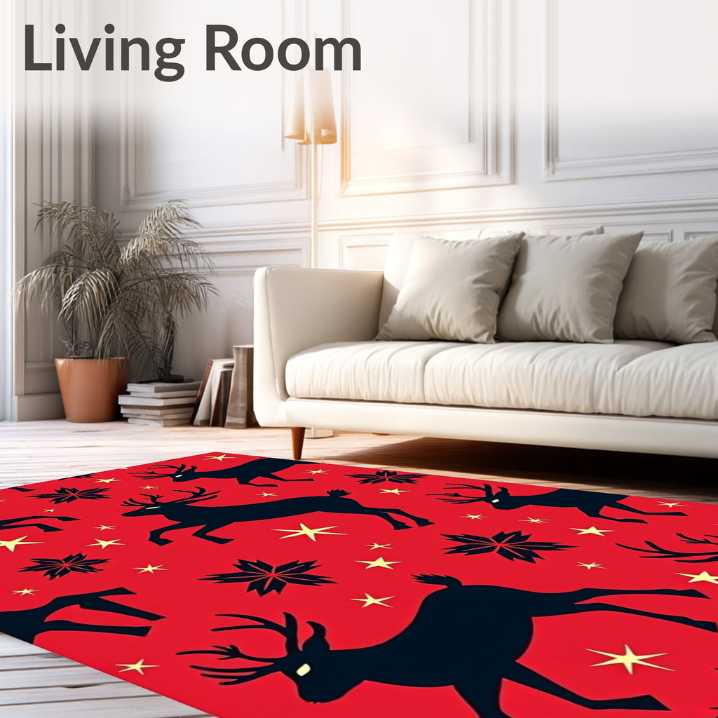 Red Black Deers With Stars Pattern Rug