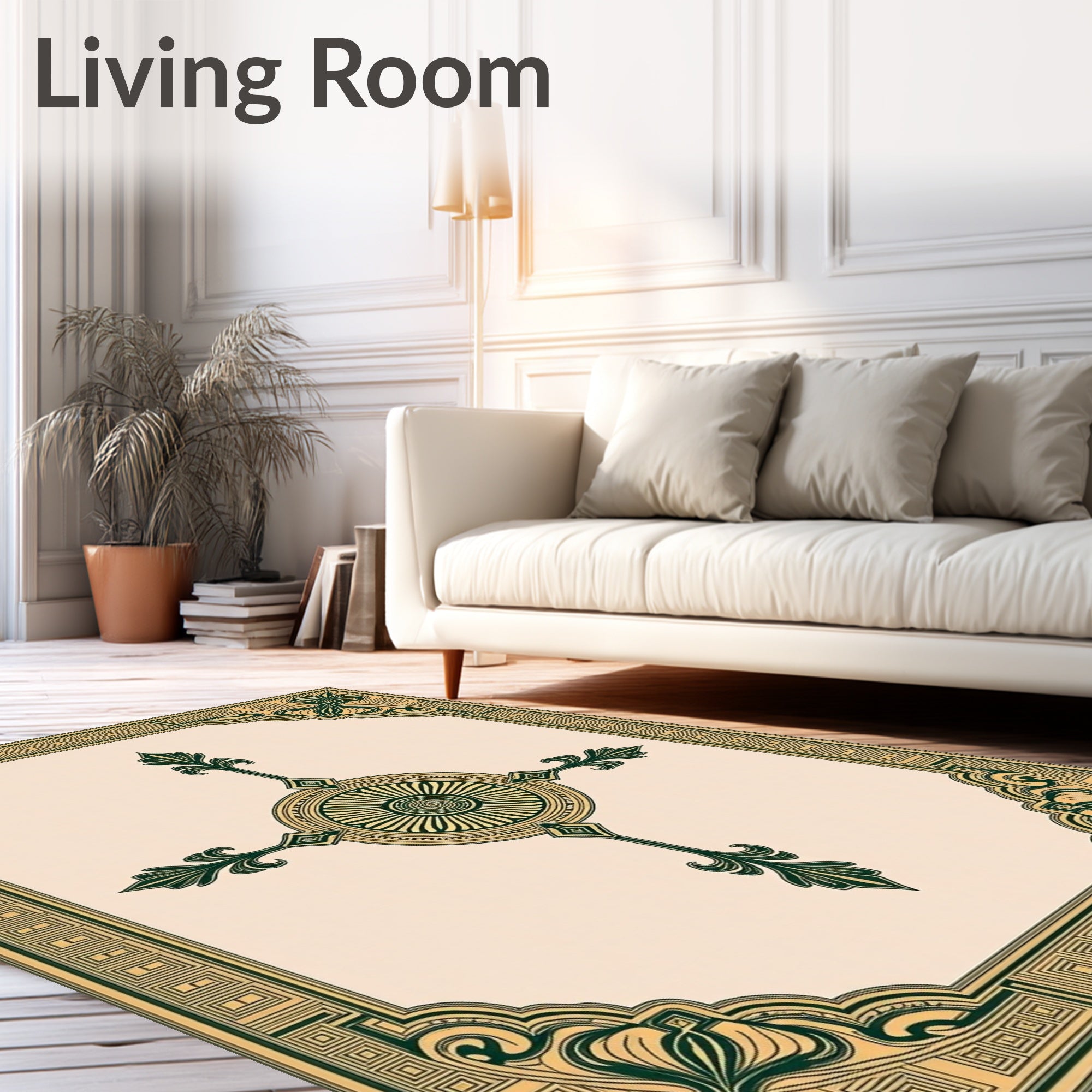 Ornate Dark Green Golden Medallion Frame Rug