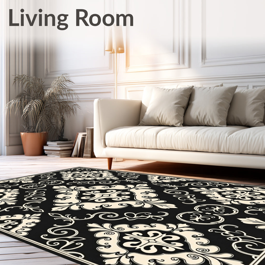 Black Beige Damask Pattern Rug