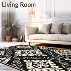 Black Beige Damask Pattern Rug
