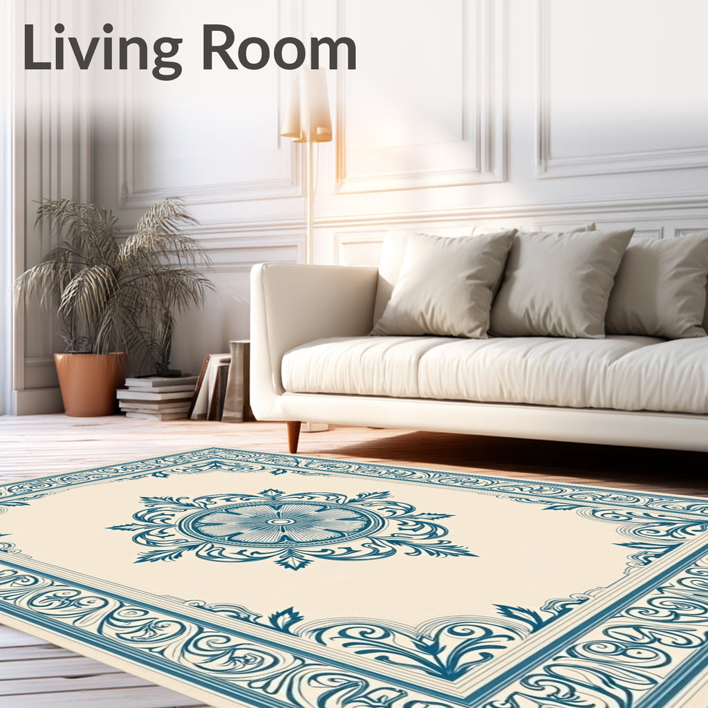 Ornate Floral Medallion Scroll Border Rug
