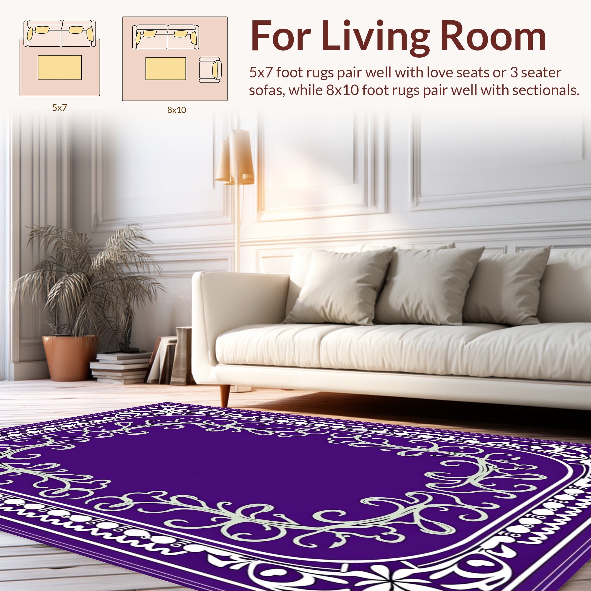 Elegant Purple White Floral Scroll Pattern Rug