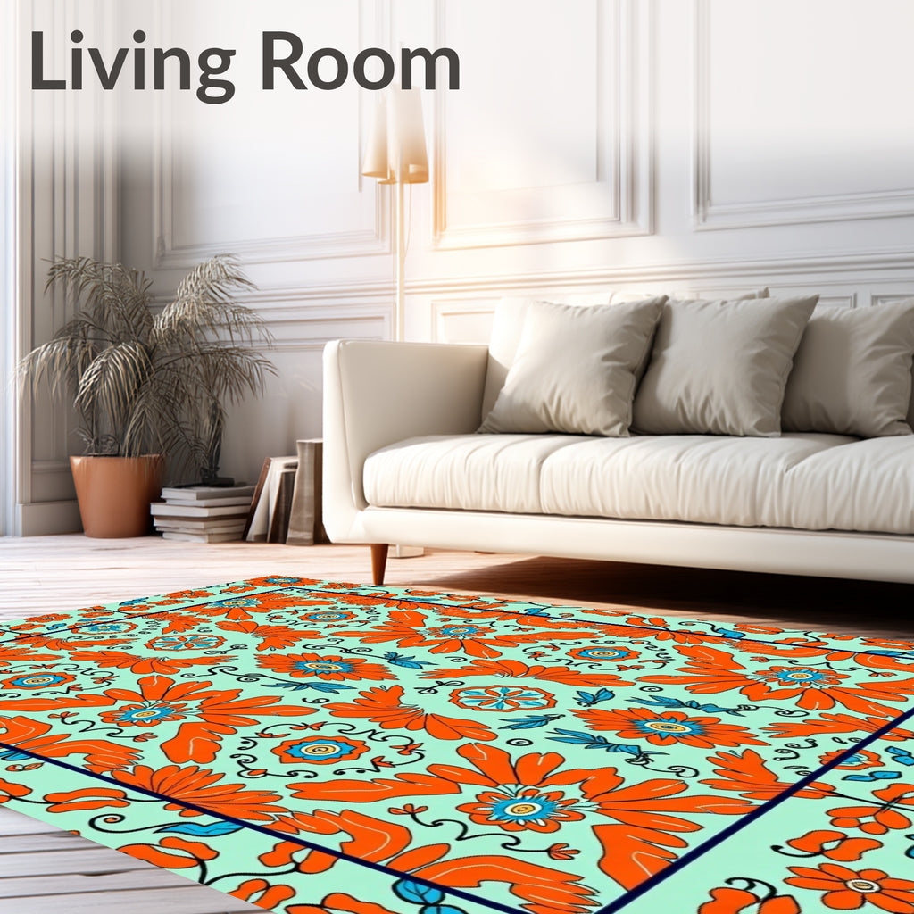 Vibrant Orange Blue Floral Medallion Rug