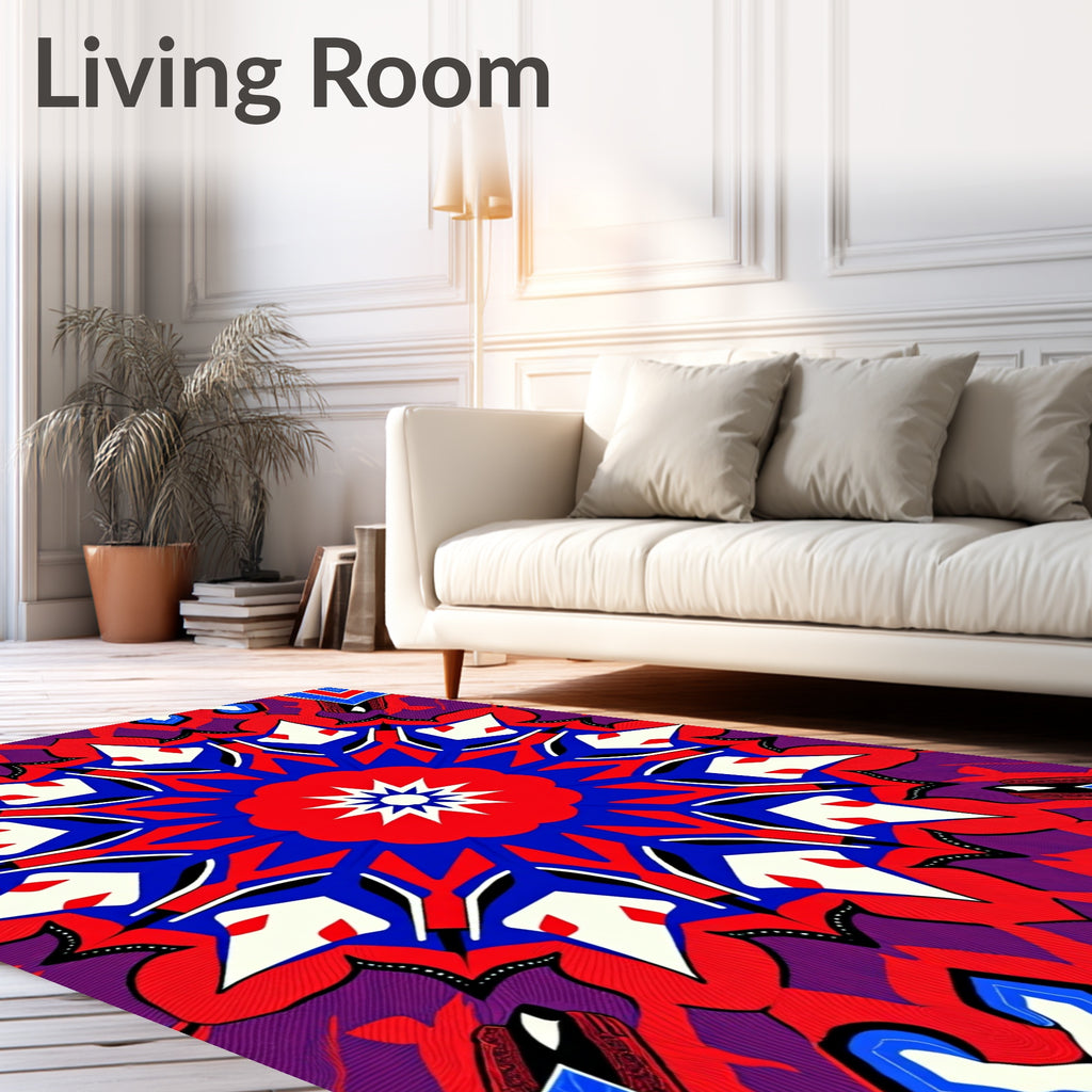 Vibrant Red Blue Starburst Mandala Design Rug