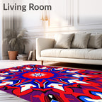 Vibrant Red Blue Starburst Mandala Design Rug