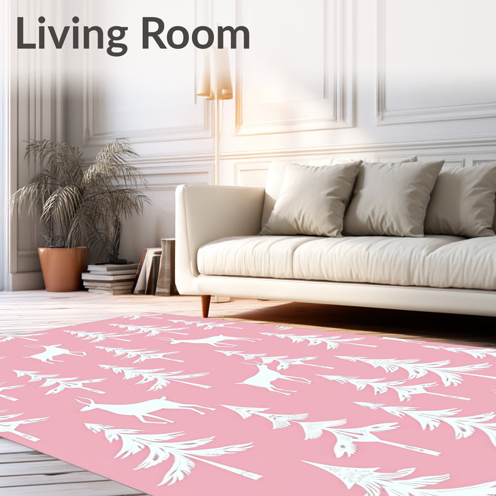 Pink Forest Deer And Pine Trees Rug