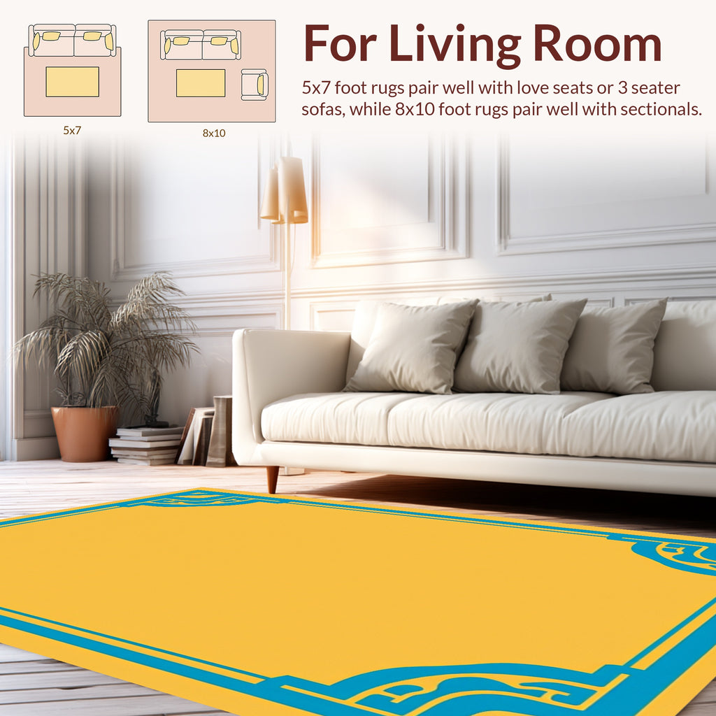 Ornate Yellow Blue Geometric Border Rug