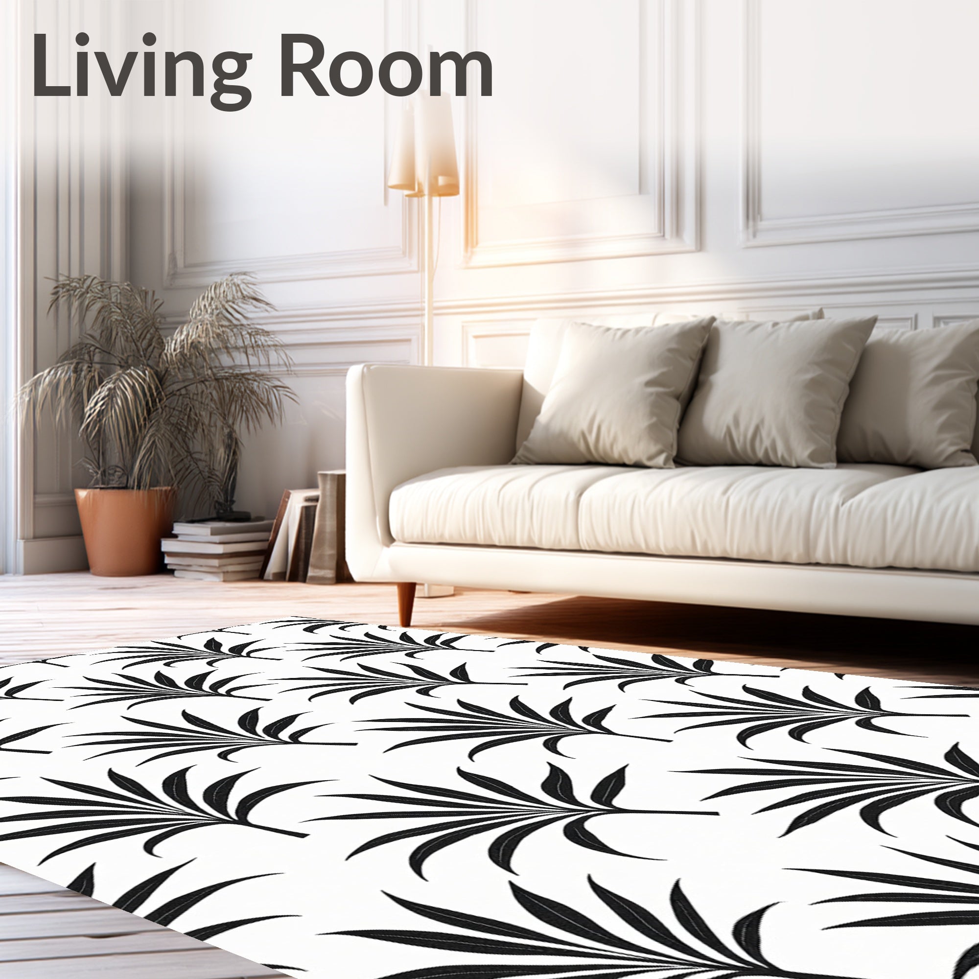Black Palm Leaf Pattern Design Rug