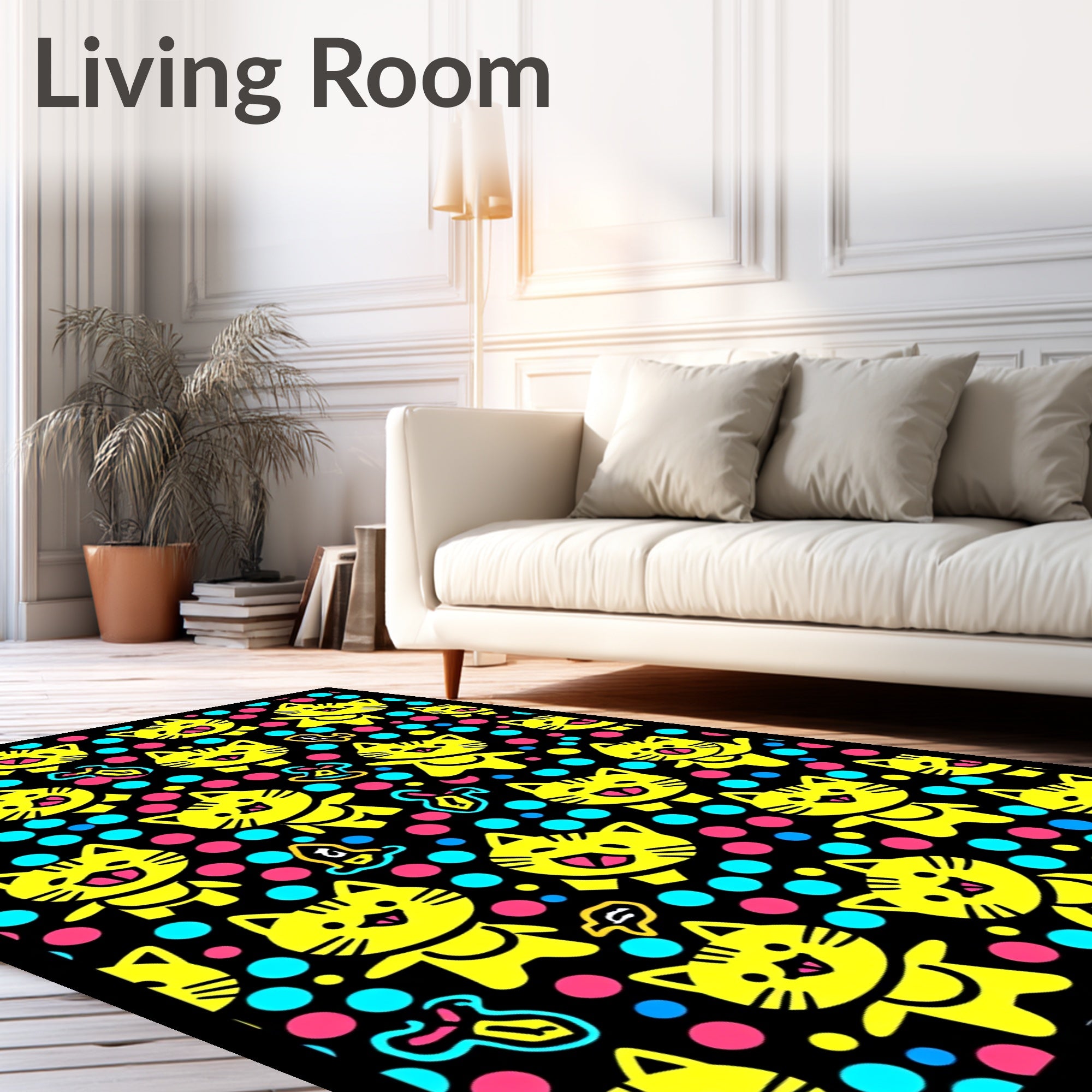 Playful Yellow Kitty Dot Design Rug