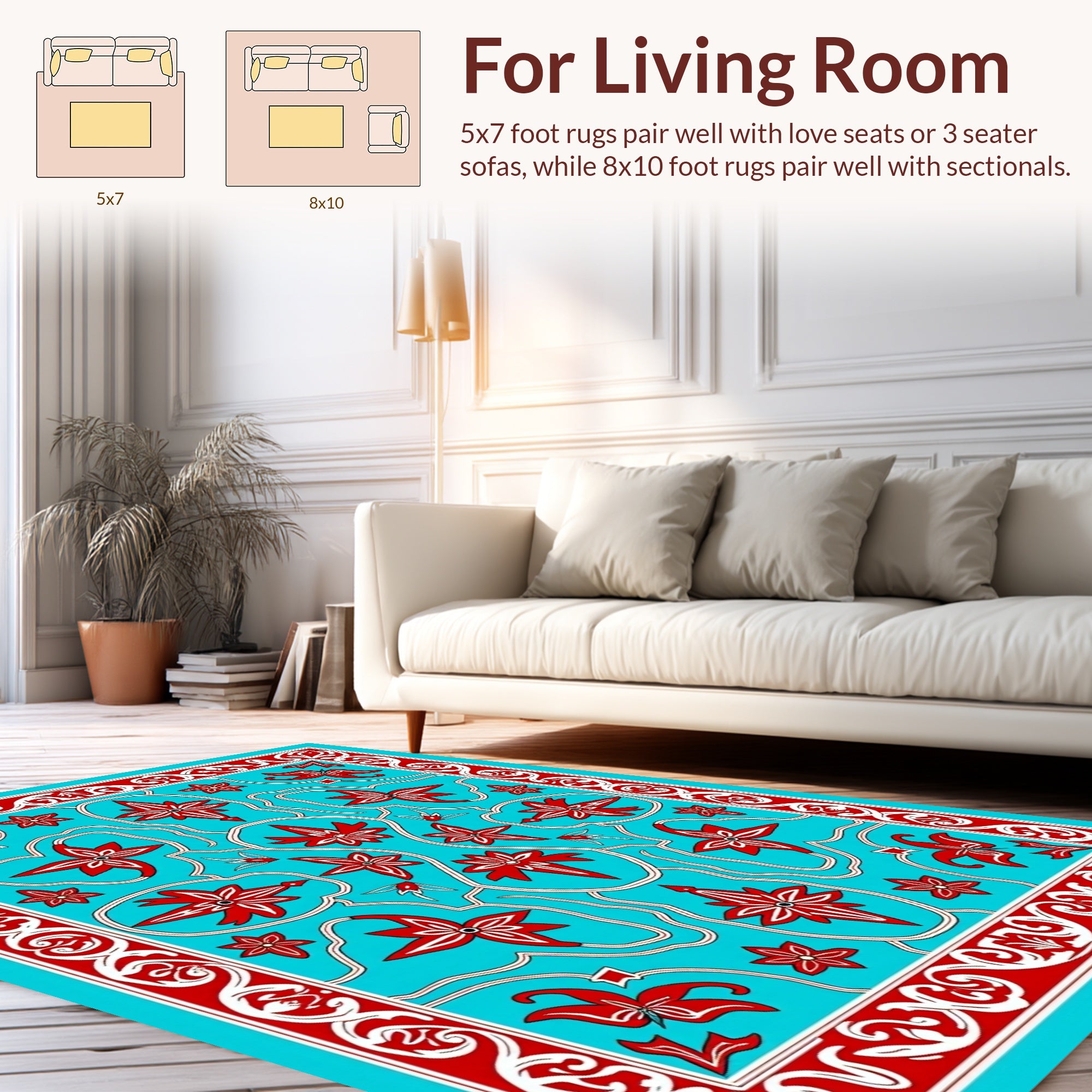 Turquoise Red Floral Medallion Border Rug