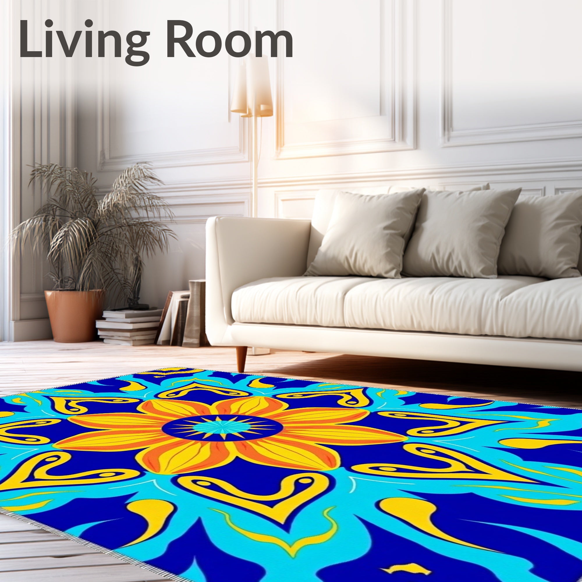 Vibrant Floral Pattern With Blue Yellow Accents Rug