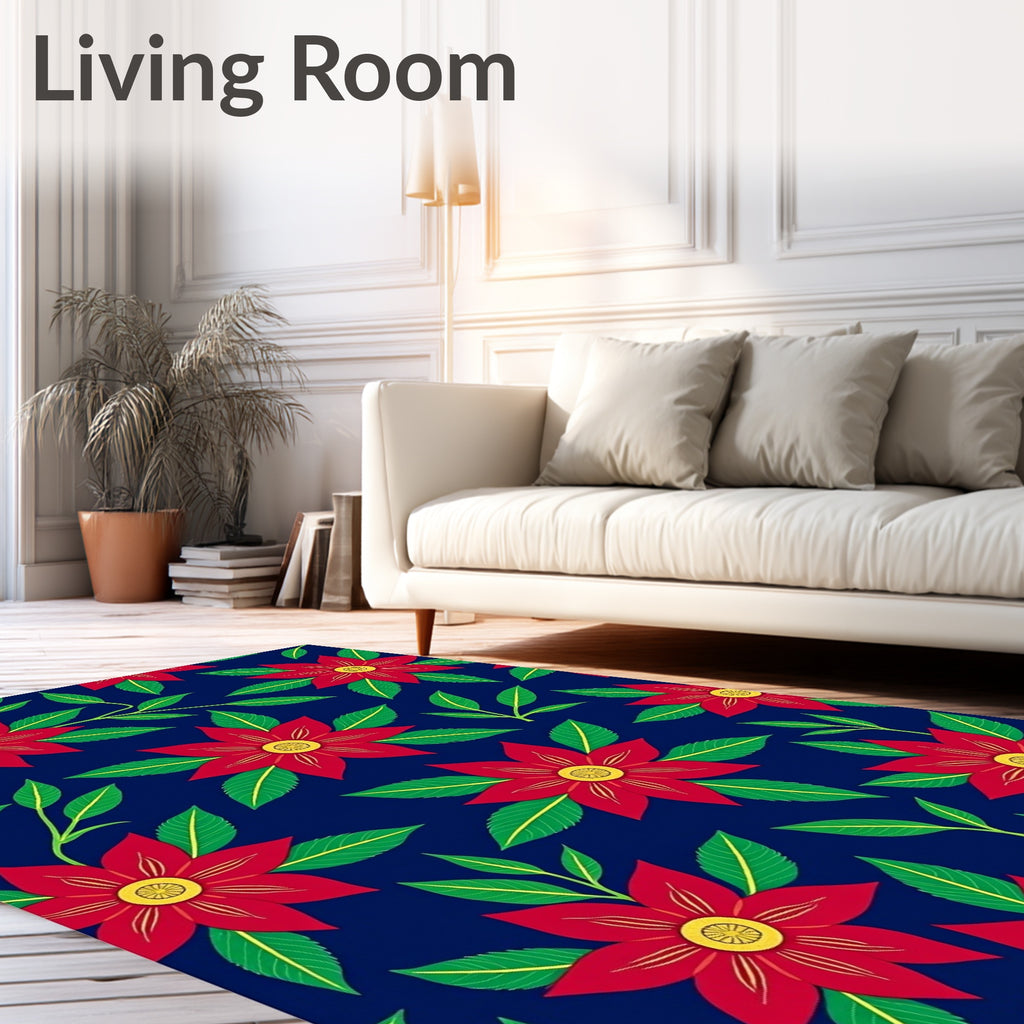 Red Floral Pattern On Navy Rug