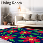 Red Floral Pattern On Navy Rug