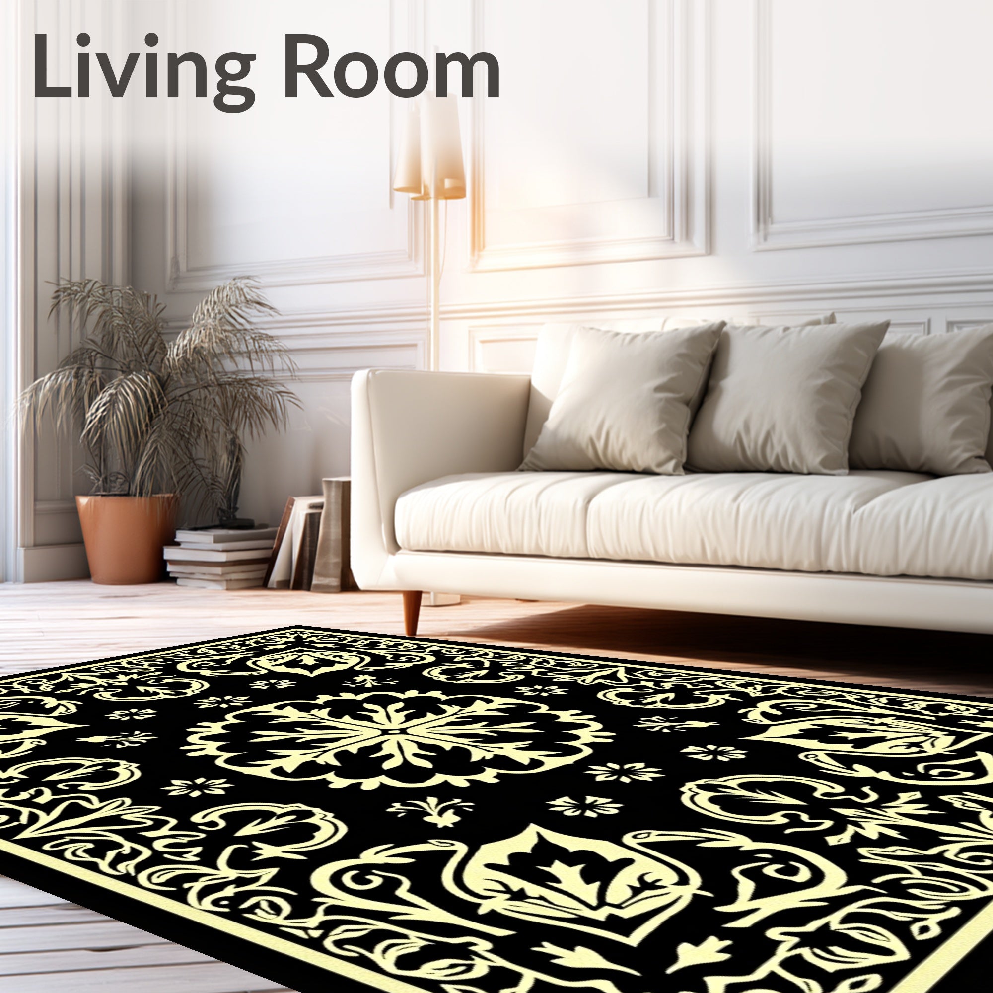 Ornate Black Yellow Floral Design Rug