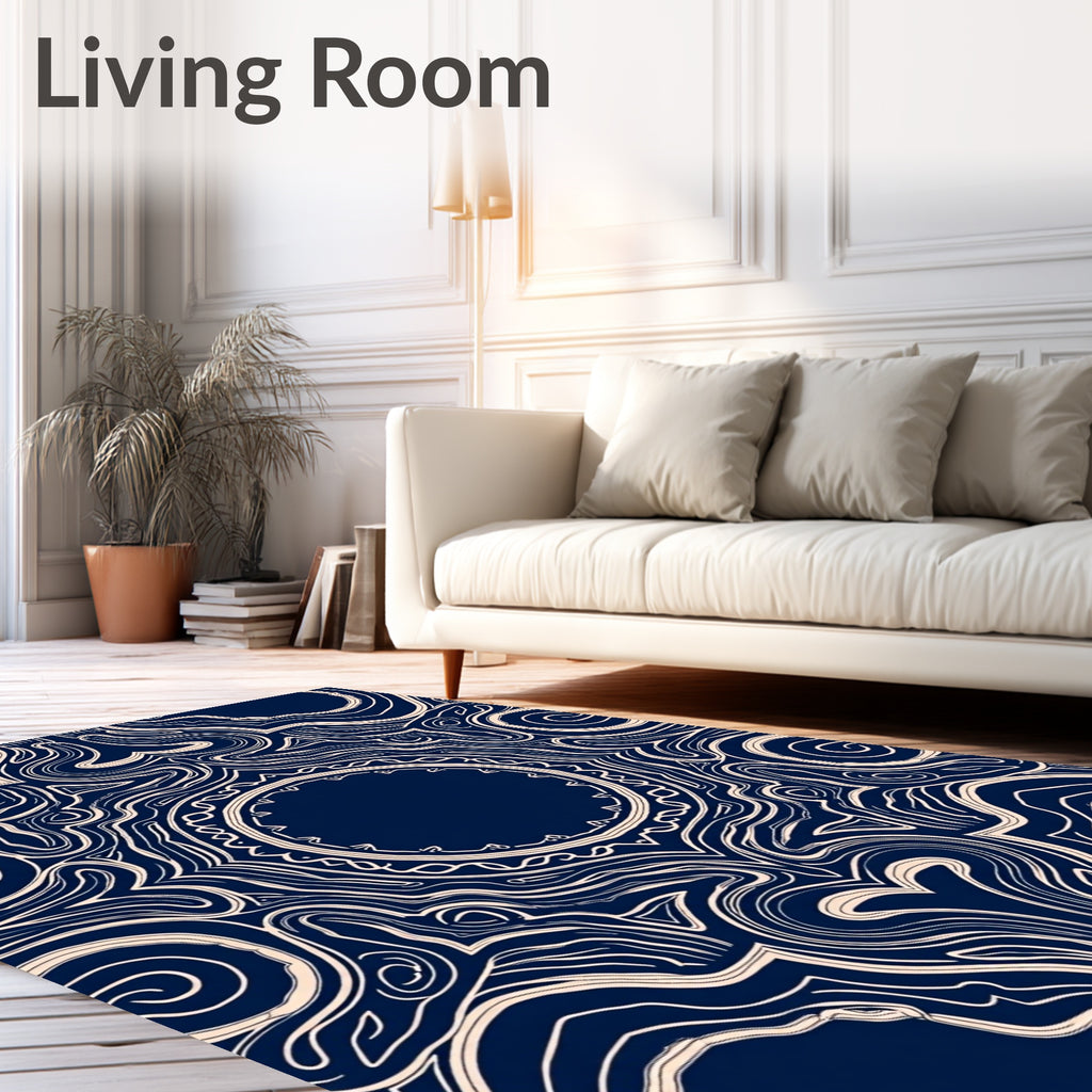 Navy Cream Abstract Swirl Pattern Rug