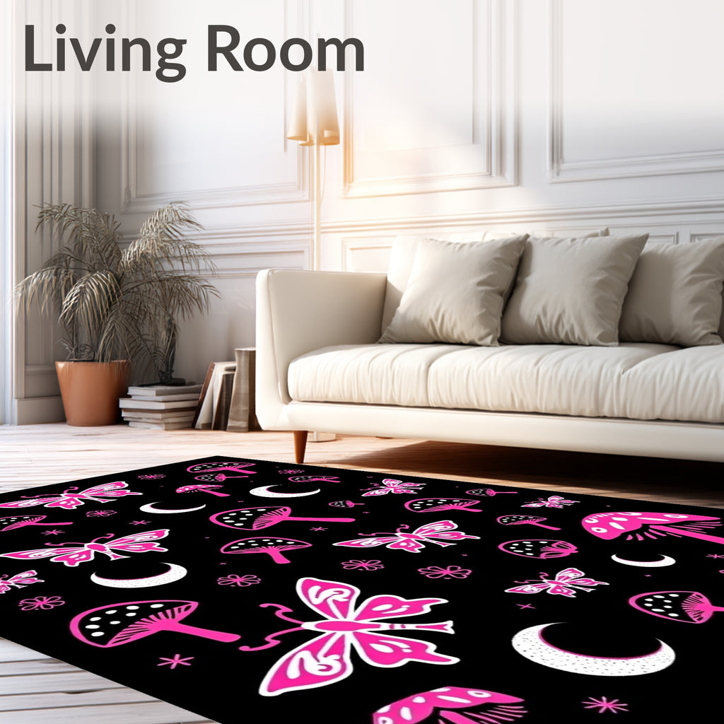 Whimsical Butterfly Mushroom Moon Pattern Rug