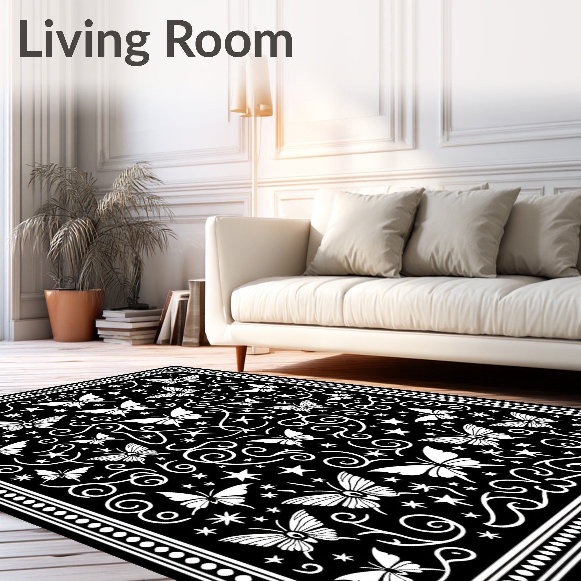Black Butterfly Swirl Star Pattern Rug