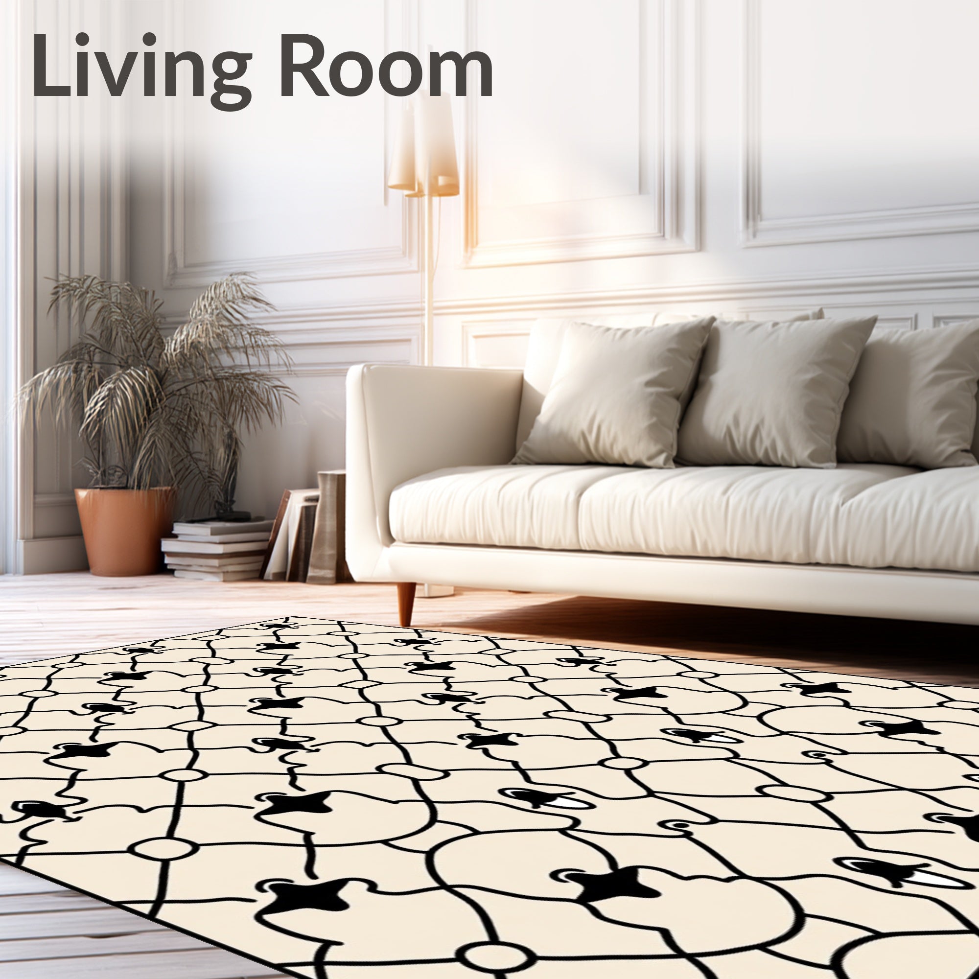 Cream Black Interlocking Figure Pattern Rug