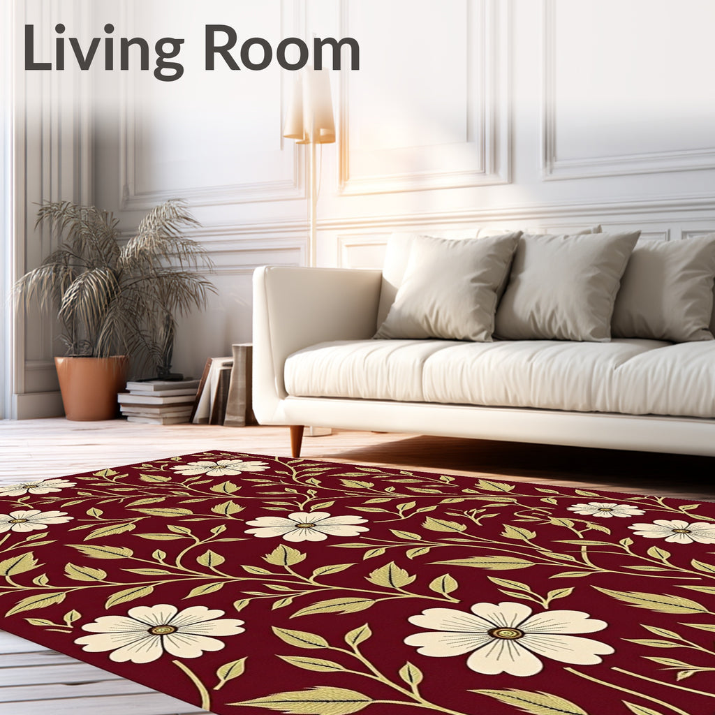 Crimson White Flower Vines Pattern Rug