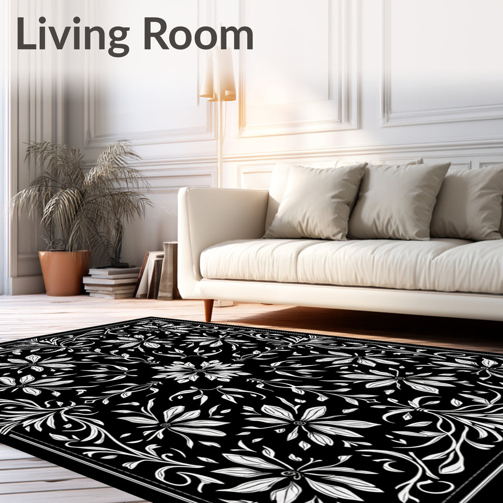 Ornate Black White Floral Scrollwork Rug