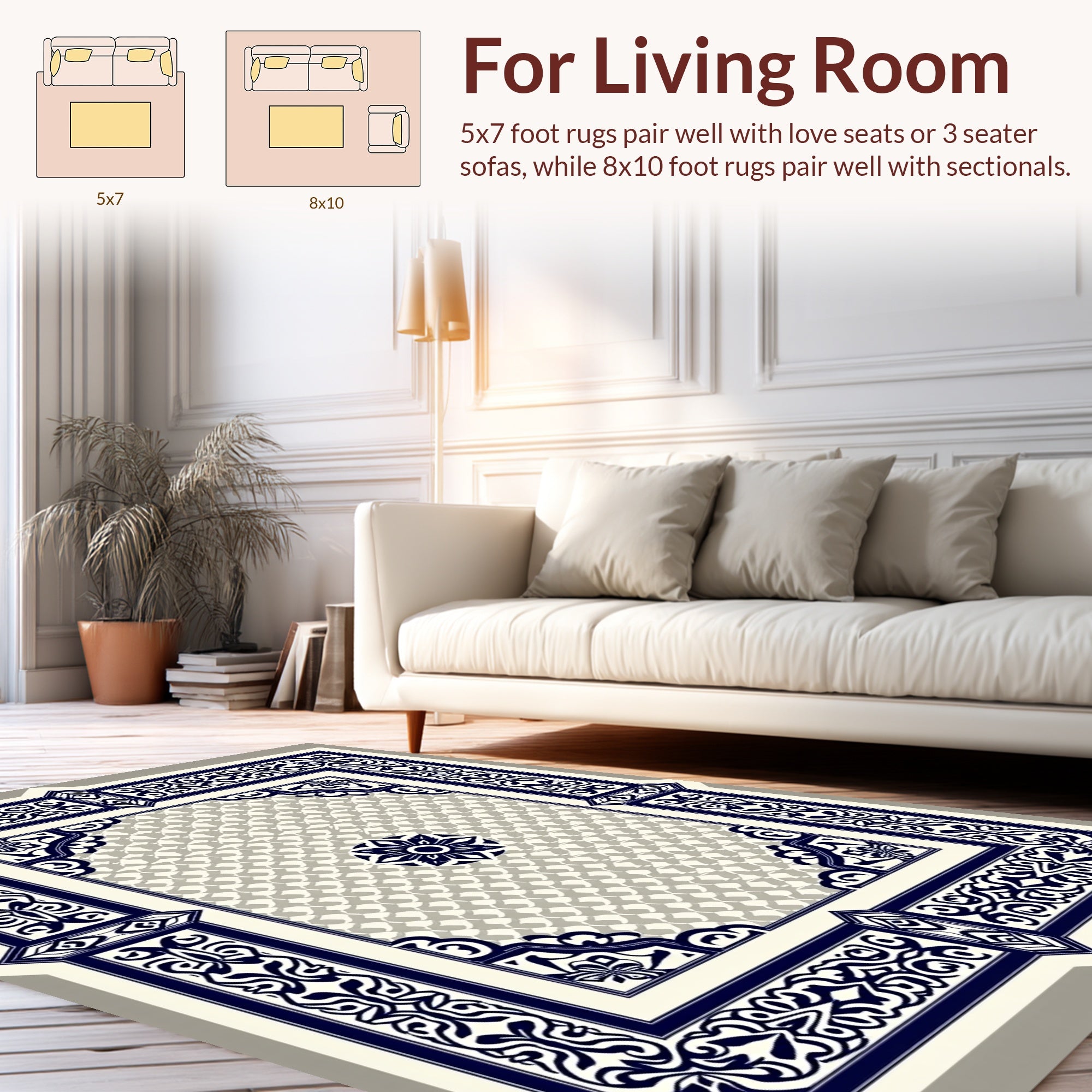 Ornamental Navy Blue Floral Geometric Design Rug