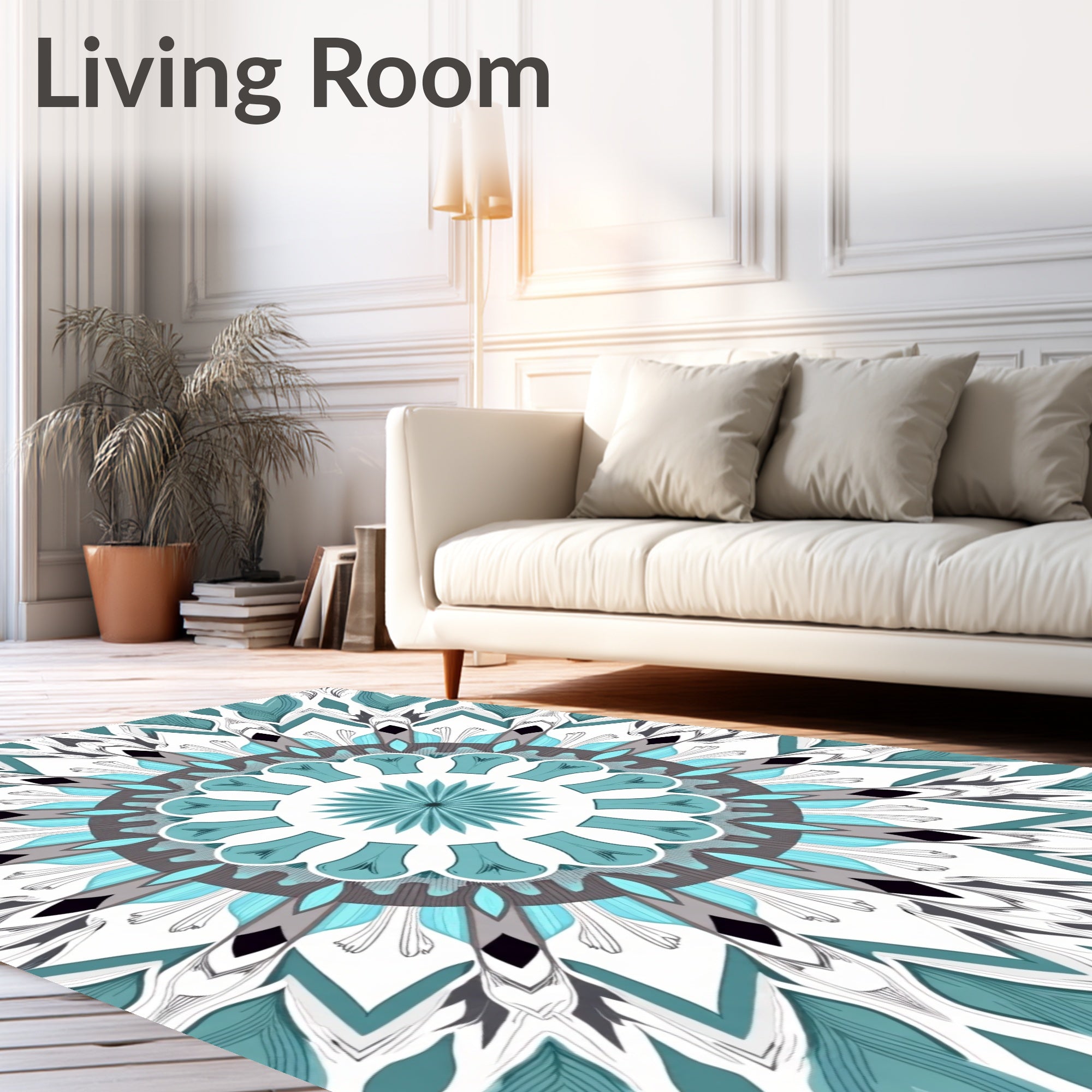 Mandala Teal Gray Geometric Art Rug