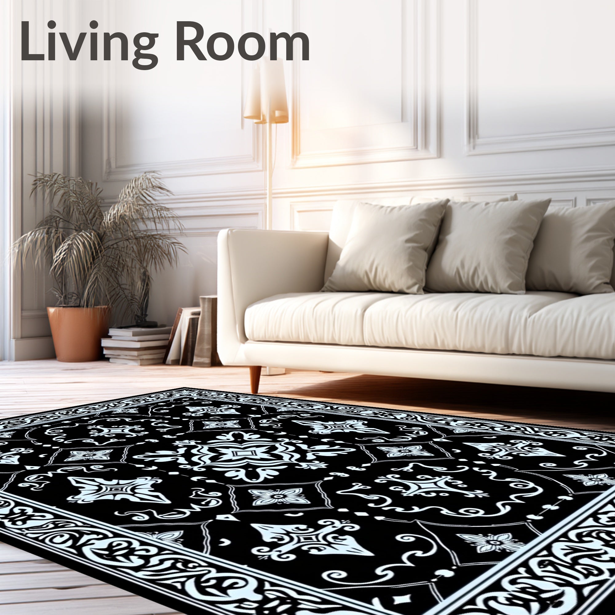 Ornate Floral Black White Pattern Rug