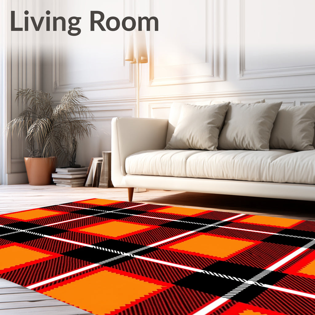 Bold Red Black Orange Plaid Design Rug