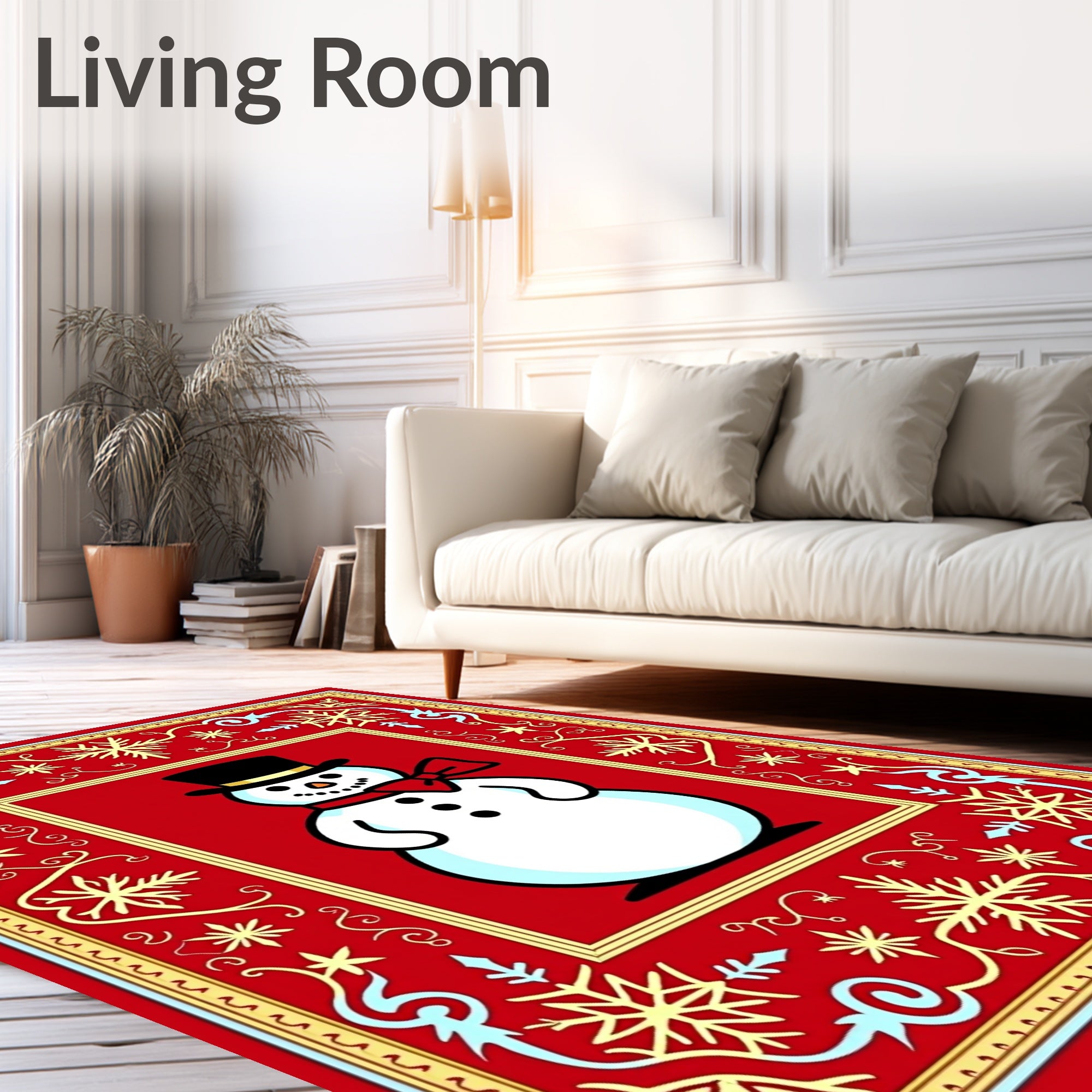 Festive Snowman Red Snowflake Frame Rug