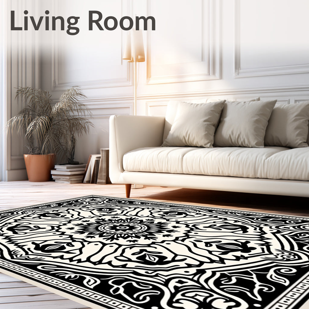 Intricate Black White Mandala Pattern Rug