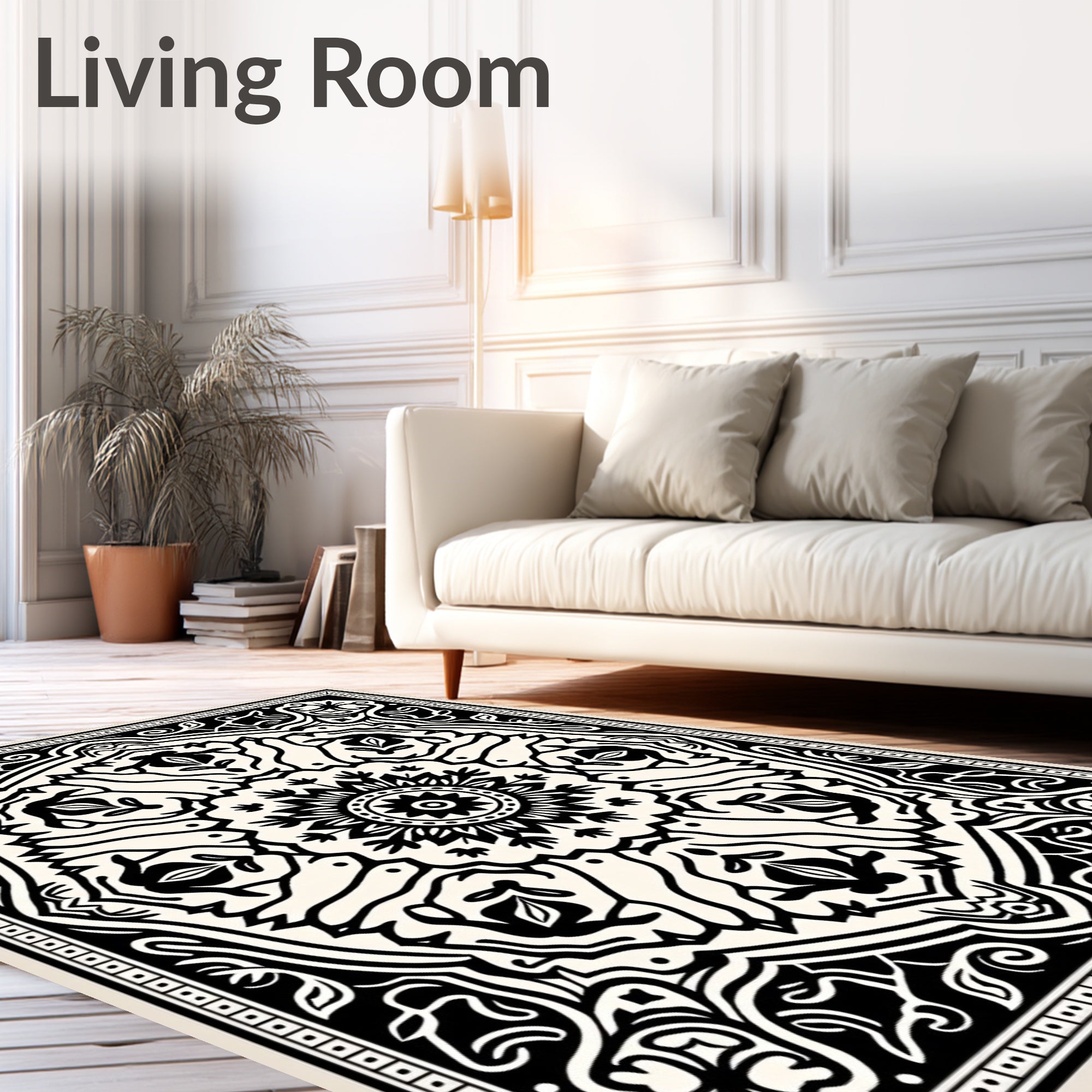 Intricate Black White Mandala Pattern Rug