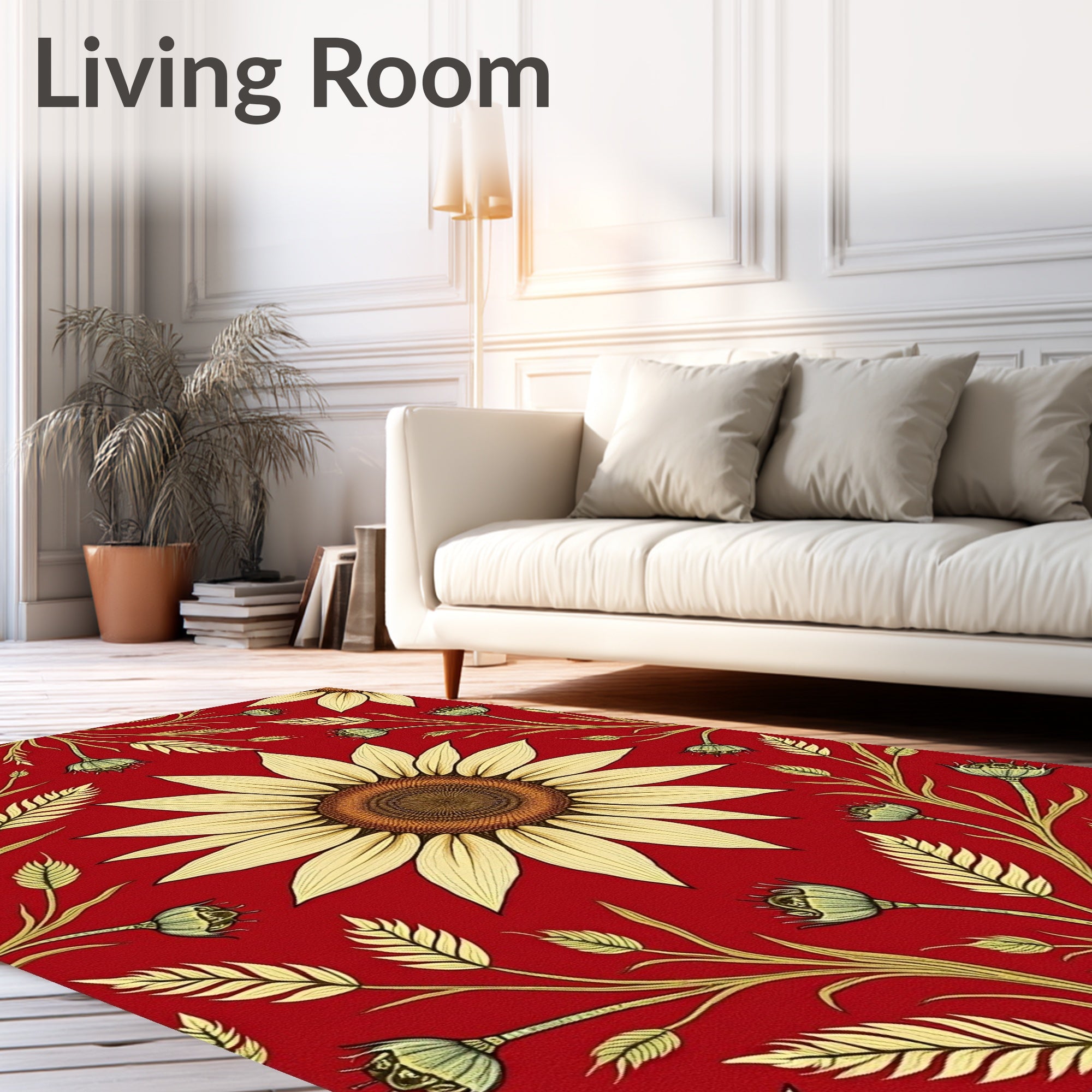 Bold Red Sunflower Botanical Pattern Rug