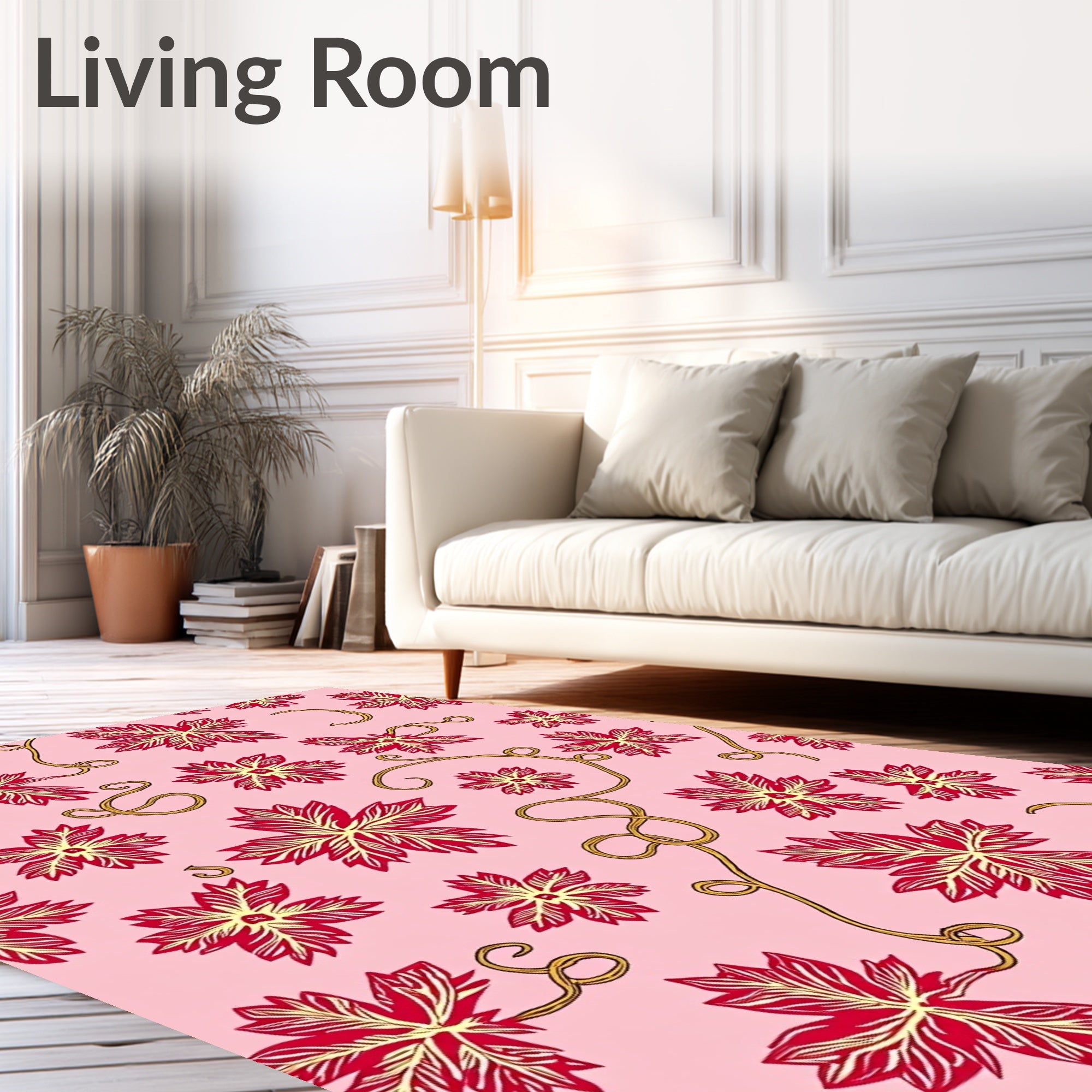 Pink with Red Leaf Vines Pattern Rug