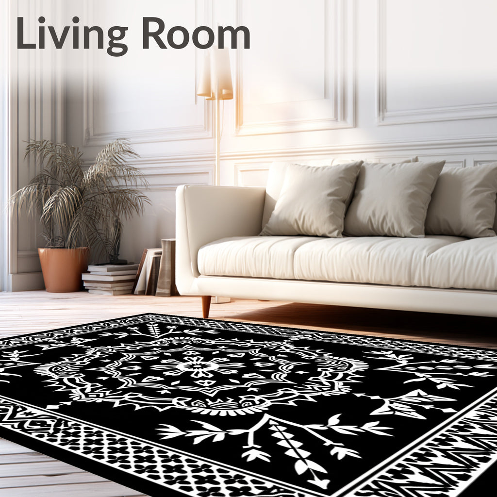 Bold Black White Medallion Floral Rug